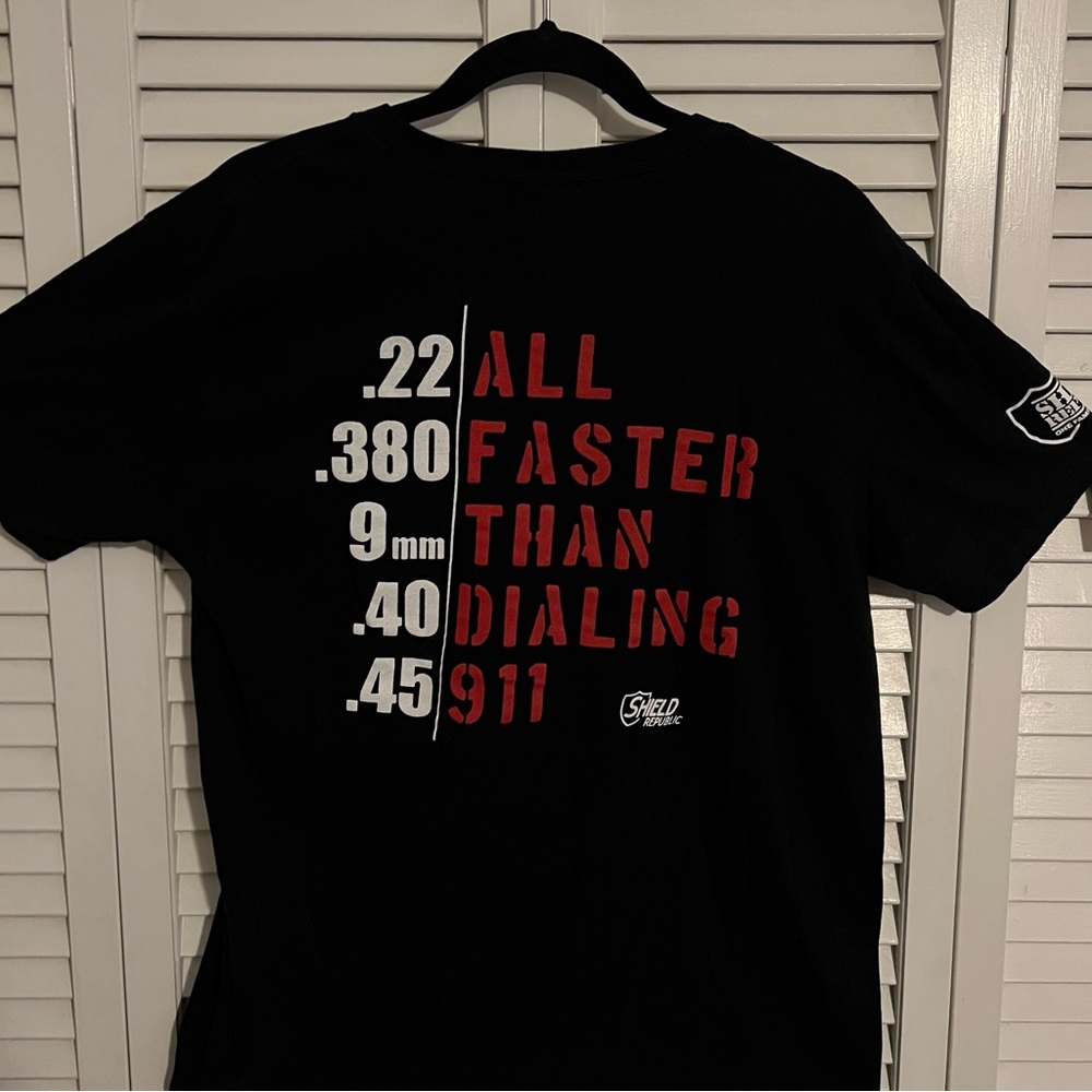 Shield Republic “All Faster Than Calling 911” SS T-Shirt. Men’s L, Black.